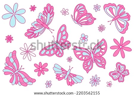 The illustration of butterflies and daisies in blue and pink colors. Nostalgia for the 2000 years. Y2k style.