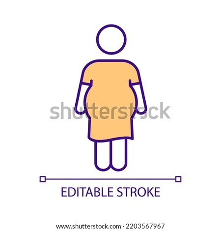 Woman with excess weight RGB color icon. Body composition. Weight-related health problems. Body positivity. Isolated vector illustration. Simple filled line drawing. Editable stroke. Arial font used