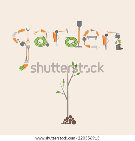 Postcard with a picture of the tools for garden and vegetable garden.The perfect frame for the gardener. Vintage set for invitations.Invitation card for the celebration