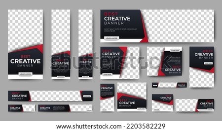 
Creative web banners of standard size with a place for photos. Gradient black and red. Business ad banner. Vertical, horizontal and square template.