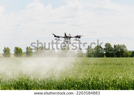 Modern technologies in agriculture. An industrial drone flies over a green field and sprays useful pesticides to increase productivity and destroys harmful insects. increase productivity Royalty-Free Stock Photo #2203584883