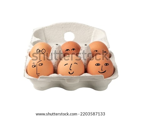 Six whole emotional brown eggs faces isolated. Happy and sad chicken eggs in carton pack, fun egg container