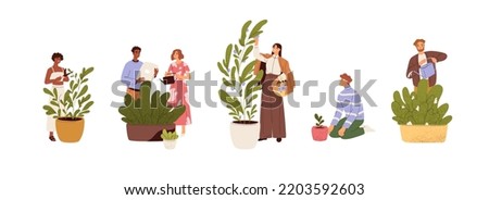 People caring, growing, cultivating leaf plants set. Business growth, work progress, career development concept. Life cultivation, support. Flat vector illustrations isolated on white background Royalty-Free Stock Photo #2203592603