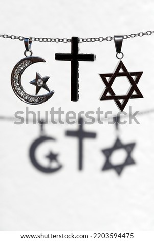 Religious symbols.  Christianity, Islam, Judaism 3 monotheistic religions. Interfaith dialogue.  