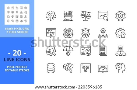 Line icons about business intelligence. Contains such icons as management big data, analysis, reporting, benchmarking and machine learning. Editable stroke. Vector - 64 pixel perfect grid Royalty-Free Stock Photo #2203596185