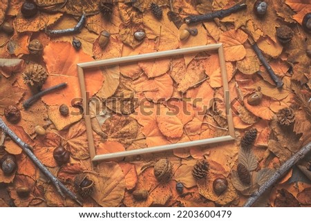 Empty picture frame on creative autumn layout, flat lay top view