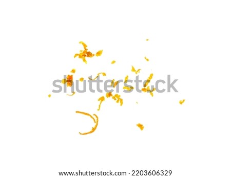 Grated Orange Rinds Isolated. Raw Citrus Peel, Grated Orange Skin, Fresh Zest on White Background Top View Royalty-Free Stock Photo #2203606329