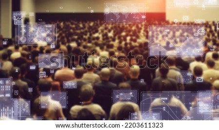 Seminar audience and statistical data. Wide angle visual for banners or  advertisements. Royalty-Free Stock Photo #2203611323