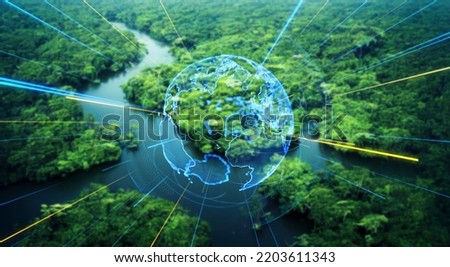 Tropical dense forest and environmental technology. Wide angle visual for banners or  advertisements. Royalty-Free Stock Photo #2203611343