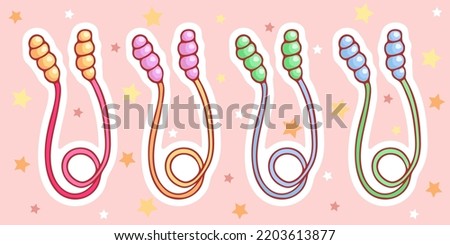 Cute hand-drawn set of skipping ropes in doodle cartoon style. Sweet composition in neutral candy colors. Kawaii element for card, social media banner, sticker, decoration kids playroom. Vector.