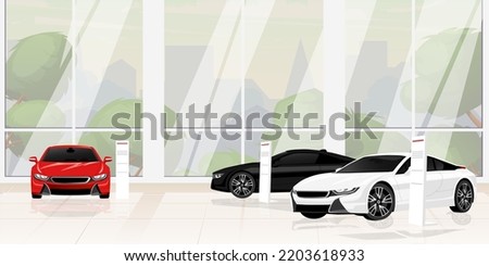 Car showroom, auto dealership. Hall interior with big windows. Glass showcase. Urban business, sale of new vehicles, luxury sport transport. Inside building red, black, white cars. Vector illustration Royalty-Free Stock Photo #2203618933