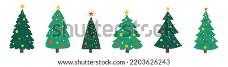 Vector New Year set with christmas trees. Evergreen trees with balls, stars and garlands. Fir trees for Christmas. 