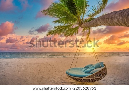 Romantic beach sunset. Palm tree with swing hanging before majestic clouds sky. Dream nature landscape, tropical island paradise, couple destination. Love coast, closeup sea sand. Relax pristine beach Royalty-Free Stock Photo #2203628951