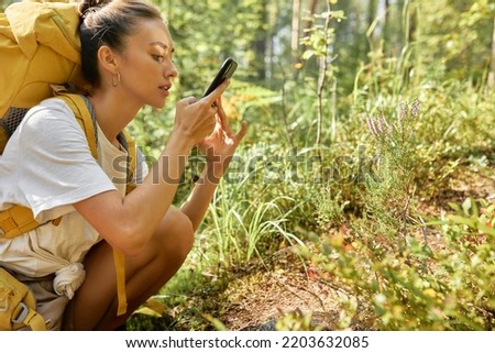 Side view of woman tourist natural explorer with yellow backpack on shoulders taking picture of plant and nature in wild summer forest, kneeling for better view. Hiking and technology