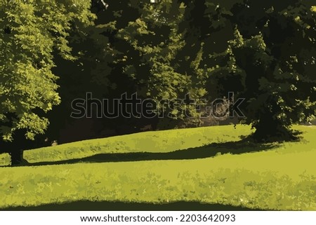 Vector illustration of a green park with big trees and beautiful green grass. Green, well-maintained park, wooden benches for sitting and relaxing. Peace, rest, relaxation, sitting in nature.