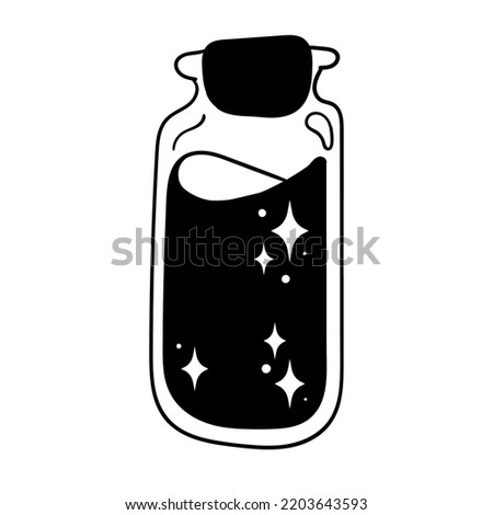 Space potion in a round glass bottle. Black and white vector clipart.