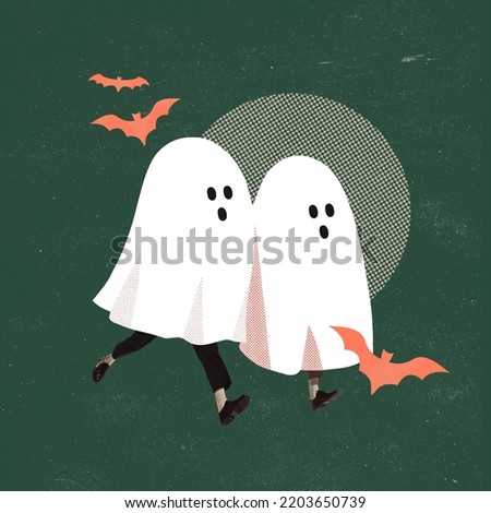Contemporary art collage. Cute images of ghosts on human legs running isolated over green background. Orange bats. Concept of October holiday, Halloween, creative design, traditions. Copy space for ad