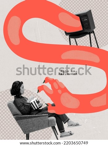 Contemporary artwork. Young woman sitting on chair, eating popcorn and watching horror movies. Monsters. Concept of October holiday, Halloween, creative design, traditions. Copy space for ad, poster