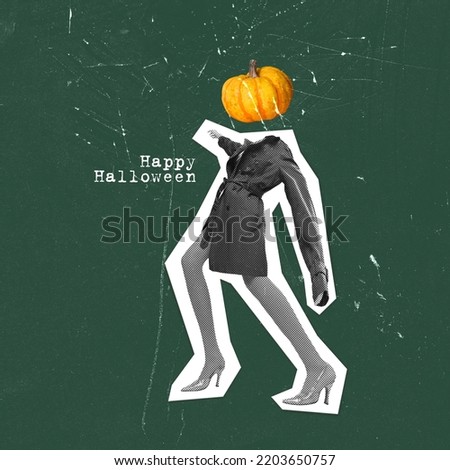 Contemporary art collage. Silhouette of woman in heels and coat with pumpkin head over green background. Concept of October holiday, Halloween, creative design, traditions. Copy space for ad, poster