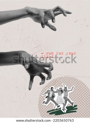 Contemporary art collage. Group of young people running away from creepy female hands. Ghost. Concept of October holiday, Halloween, creative design, traditions. Copy space for ad, poster