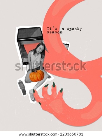 Contemporary art collage. Young girl sitting on floor with big pumpkin. Spooky season. Horror. Concept of October holiday, Halloween, creative design, traditions. Copy space for ad, poster