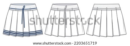 Pleated Skirt technical fashion illustration, concept design. Mini Skirt fashion flat drawing template, pleated, elastic waistband, front, back view, white, CAD mockup set. Royalty-Free Stock Photo #2203651719