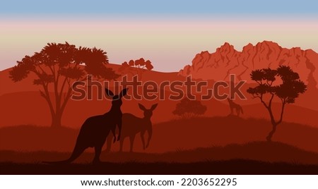 Australian landscape. Kangaroo silhouettes. Savannah scenery of Australia. Panoramic wildlife scene. Wilderness summer dusk. Vector illustration Royalty-Free Stock Photo #2203652295