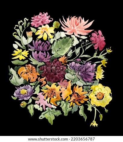 Hand-painted lush flower bouquet with different color aster flowers, chrysanthemums. Watercolor botanical illustration on a black background. Design for greeting card, postcard, poster, fashion fabric