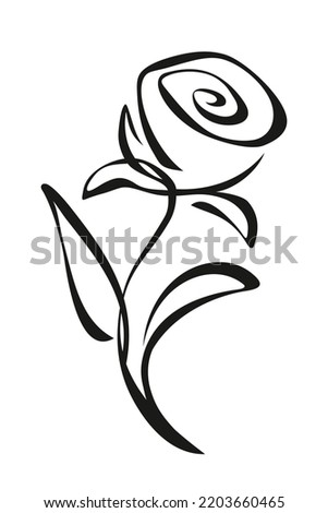 Rose flower with a stem isolated on a white background. Black and white line drawing. Vector line art illustration