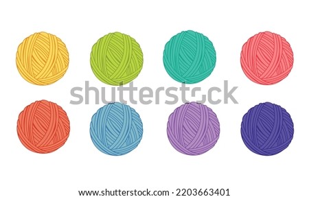 Colorful yarn ball vector icon set. Round skeain of wool, cotton for handmade crochet, sewing hobby. Blue, red, yellow, green clew Royalty-Free Stock Photo #2203663401