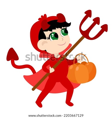 A small child is dressed in a devil costume. The child is very cute and is holding a gourd-shaped basket and a trident. Halloween character in cartoon style isolated on white background.