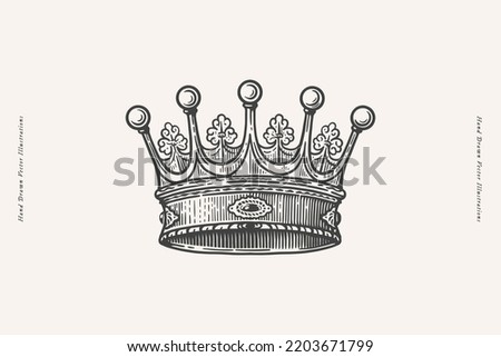 Graceful crown in engraving style. The symbol of the medieval king on a light isolated background. Vintage vector illustration.