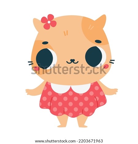 Cute Cartoon cat. Kawaii kitten in dress. Sweet pet animal character. vector clip art.