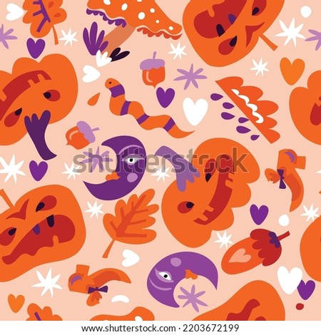 Happy Halloween- template seamless pattern in cute cartoon style. Bright colors. Background holiday design with pumpkin,  bat, ghost,  moon, skeleton,  skull  Vector illustration