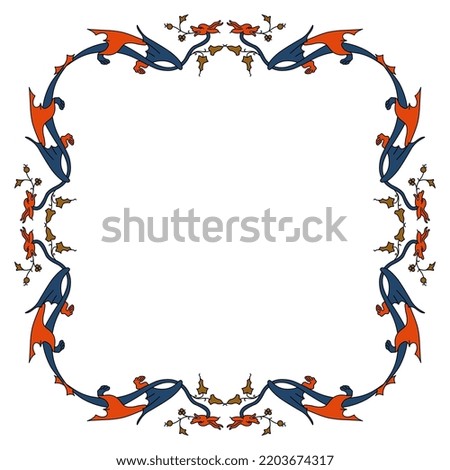 Rectangular animal frame with fantastic winged dragons and floral motifs. Medieval illuminated manuscript style. Isolated vector illustration.