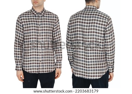 Two side of Classic shirt with long sleeves and pockets on chest in half turn front, side and back