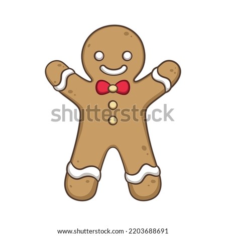 Cute gingerbread man with a bow tie cartoon illustration. Winter Christmas theme clip art.
