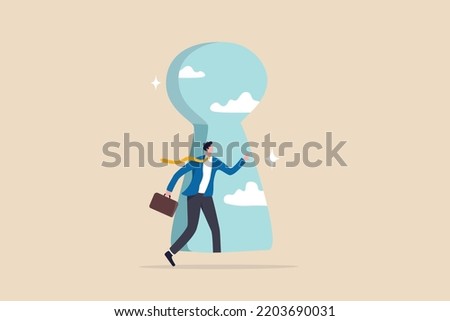 Life changing secret door, key to success or step to see new opportunity, courage or business challenge, get out to see outside concept, brave businessman step inside keyhole door to new opportunity. Royalty-Free Stock Photo #2203690031