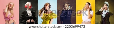 Listening to music. Eras comparison. Different people, modern youth and medieval persons in vintage clothing in headphones on dark background. Collage. Art, fashion, beauty Royalty-Free Stock Photo #2203699473