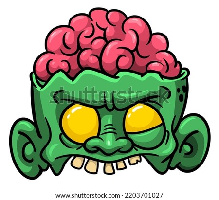 Cartoon funny green zombie character design with scary face expression. Halloween vector illustration isolated on white. Party poster design, holiday decorationor mask