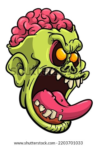 Cartoon funny green zombie character design with scary face expression. Halloween vector illustration isolated on white. Party poster,package design or holiday decoration