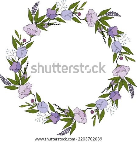 Botanical purple hand drawn wreath isolated on white background. For cards, invitations, save the date cards