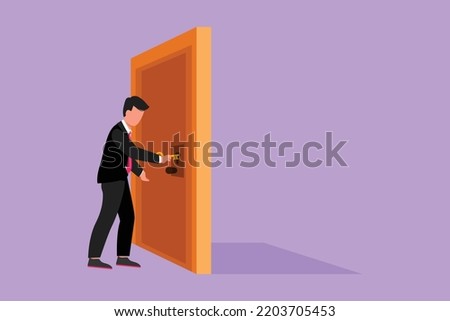 Graphic flat design drawing businessman inserts key into keyhole which is on the door. Male manager open office room door with key. Success business metaphor concept. Cartoon style vector illustration