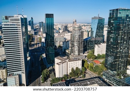 Aerial drone view of Warsaw cityscape, Center of Warsaw city with skyscrapers, Capital of Poland with modern office buildings in business center Royalty-Free Stock Photo #2203708757