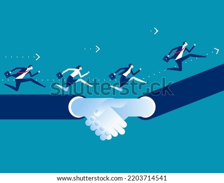 People overcome an obstacle by joining hands. Business deal vector illustration