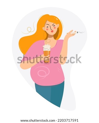 Irresponsible future mother smokes and drinks beer. Unhealthy lifestyle of a pregnant woman. Flat style, close-up. Harm of smoking and alcohol consumption during pregnancy conceptual vector design.