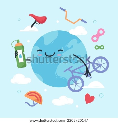 Flat world bicycle day illustration with earth planet Vector illustration.
