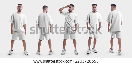 White male t-shirt mockup, shorts on a bearded guy in sneakers, isolated on background, front, back view. Set of oversized suit, fashion clothes for design, print, pattern. Men's clothing template Royalty-Free Stock Photo #2203728665
