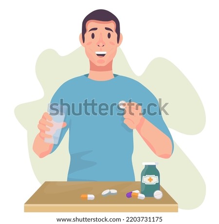 Man taking pills, tablets. Patient taking painkillers, antibiotics. Pharmacy, pharmacology concept. Royalty-Free Stock Photo #2203731175