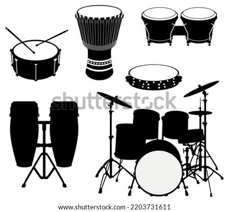 Set Of Drums Silhouette, Percussion musical instrument Vector Royalty-Free Stock Photo #2203731611